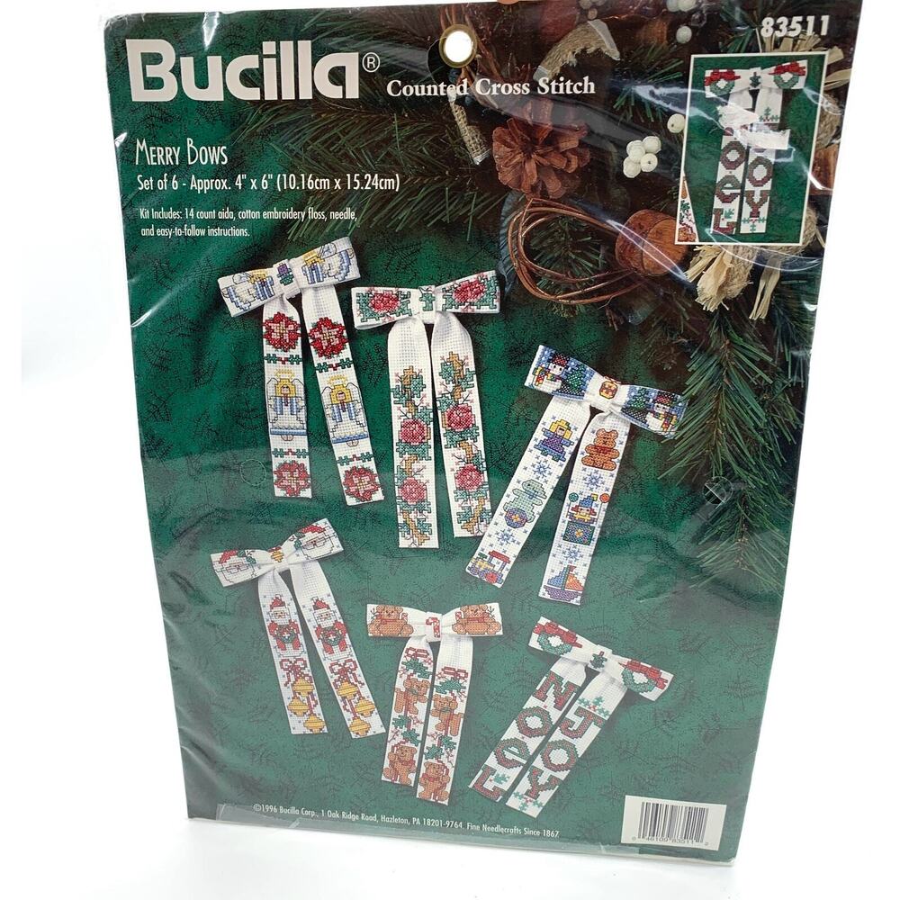 Bucilla Cross Stitch Kit 6 Christmas Themed Bows 4”x 6” Unopened VTG NOS 1996